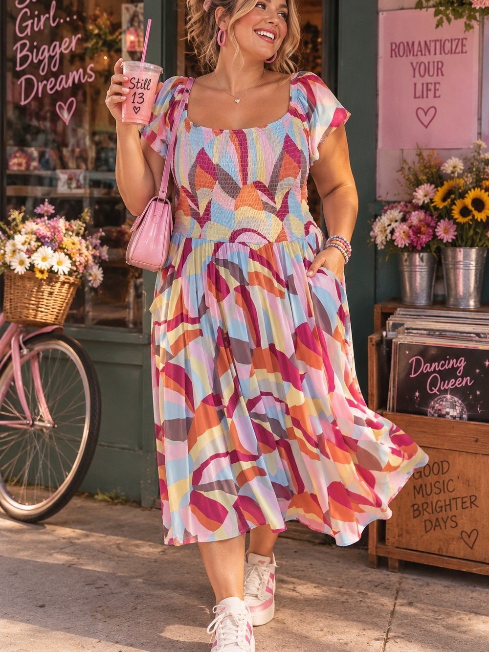 Torrid Multicolor Wave-Print Midi Dress in Pink & Pastels Y2K Retro Style